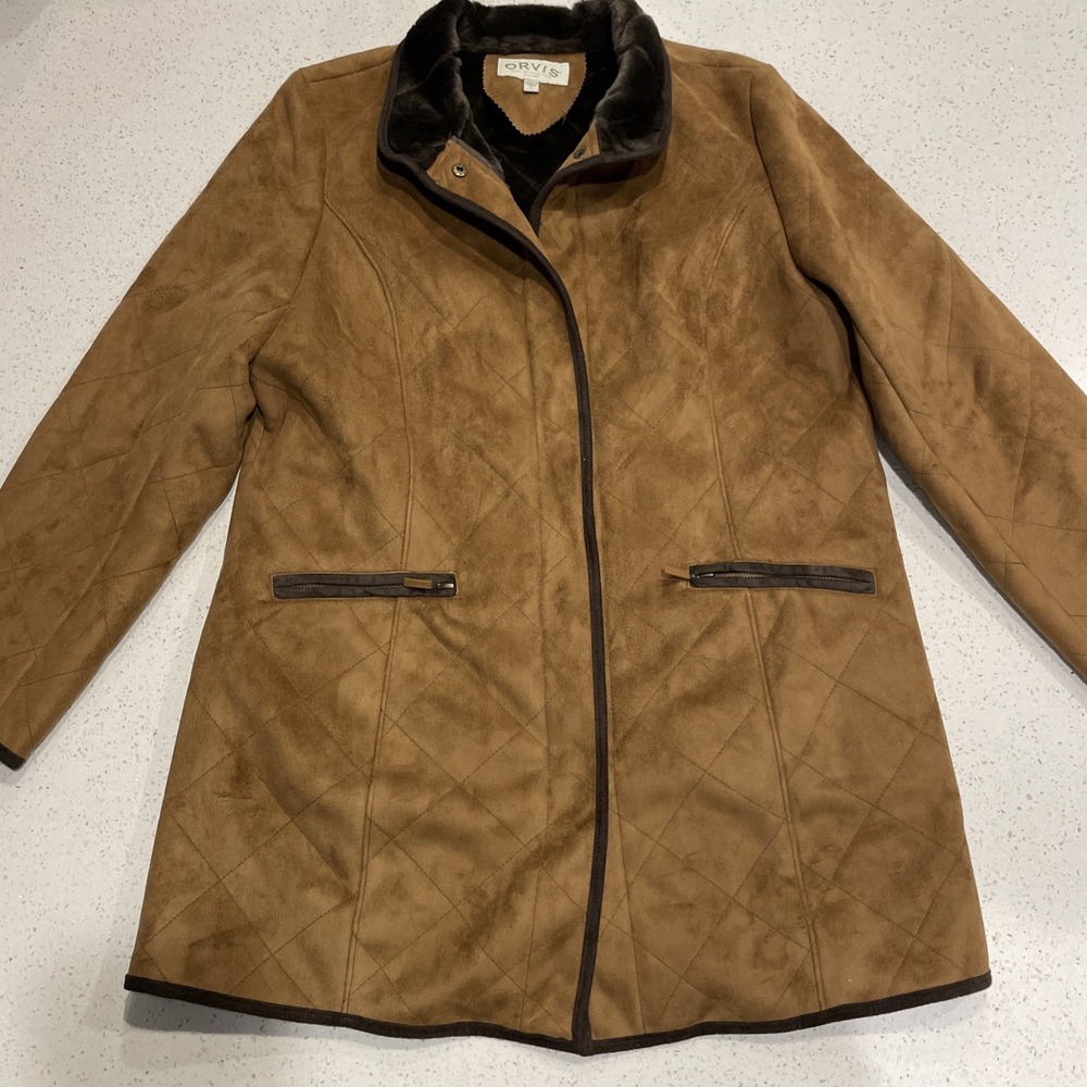 Orvis Quilted Coat Womens Faux Suede Faux Fur Lined Large Chore Coat Western